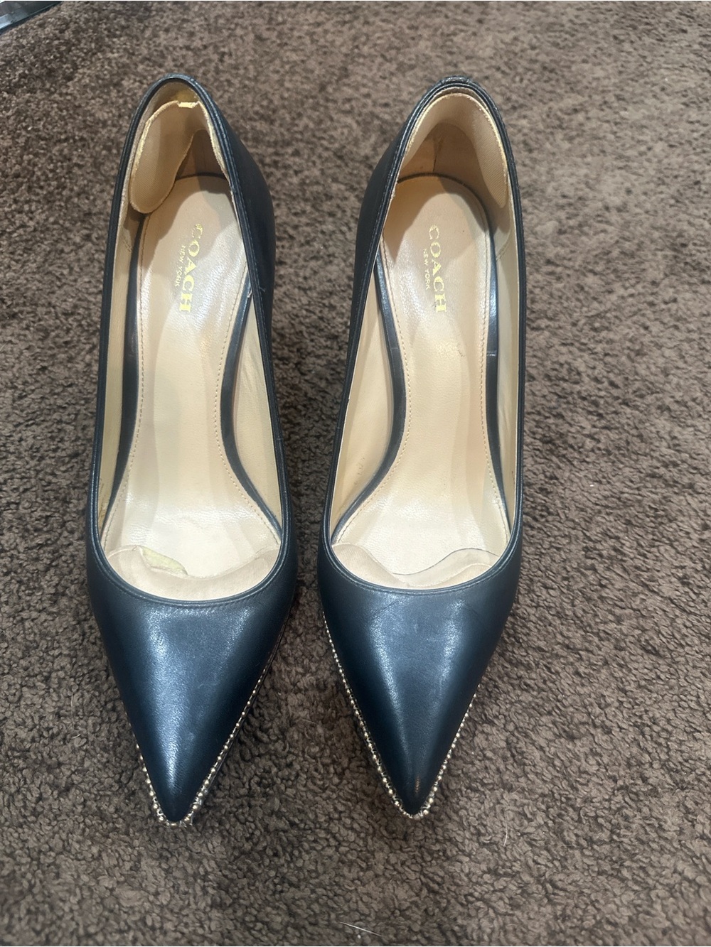 Coach Black Pointed-Toe Leather Heels with Gold Beaded Trim